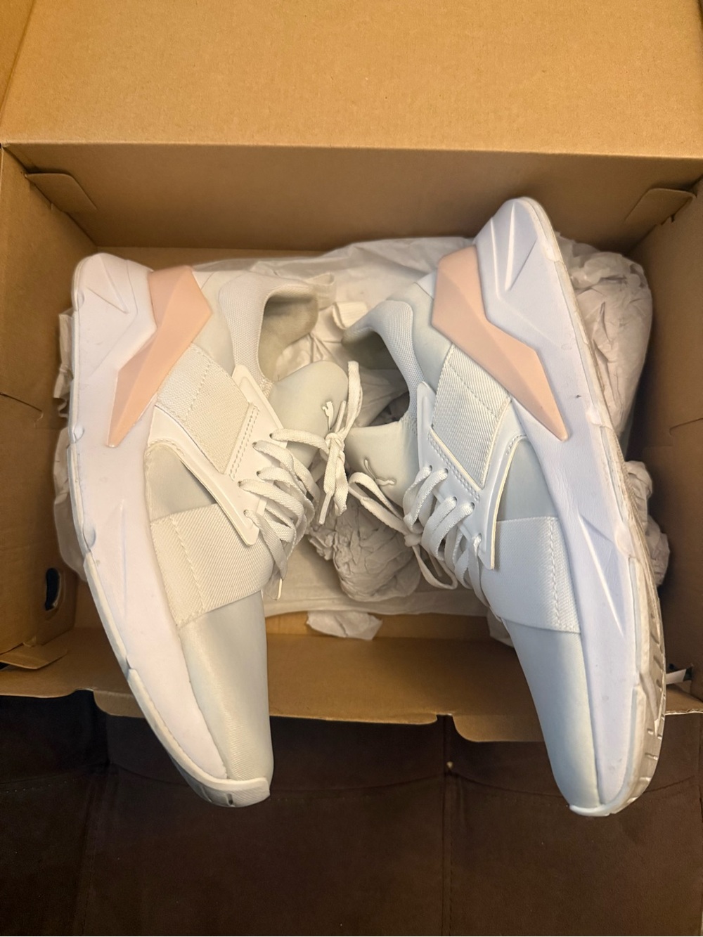 Men's White Athletic Sneakers with Soft Pink Accent. Woman’s 10